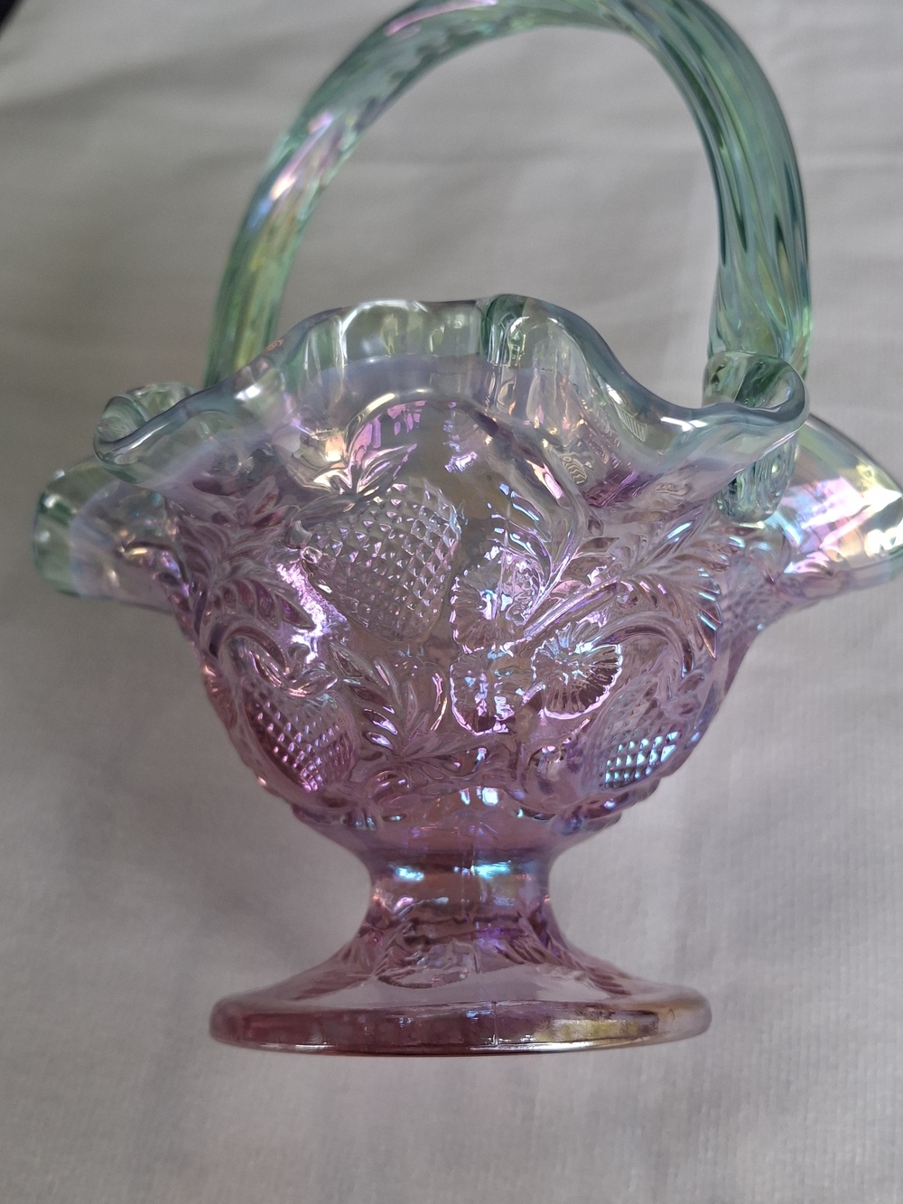 Iridescent Pink Glass Basket - Decorative Home Art